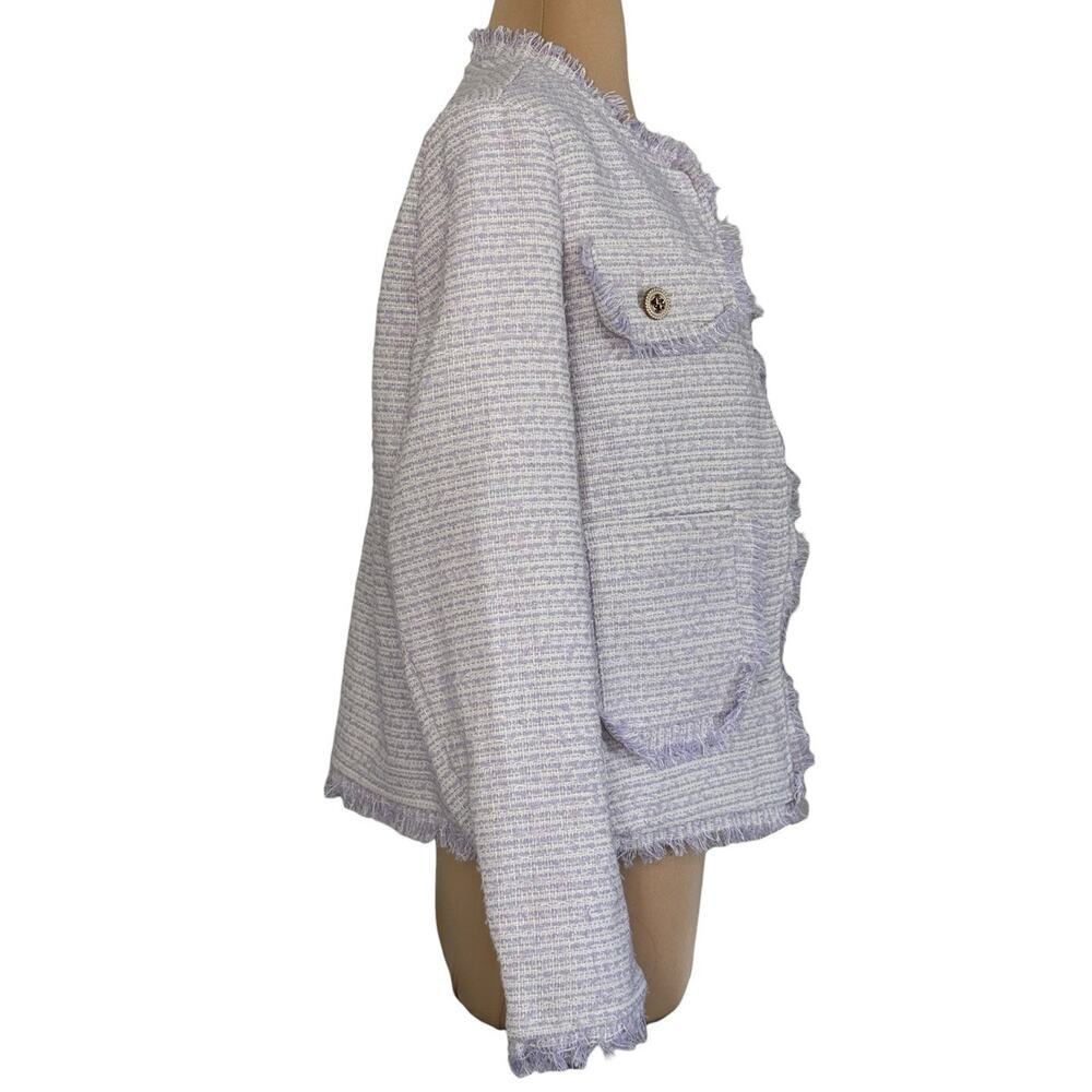 BBGD Lavender Tweed Fringe Designer Blazer Jacket Button Cropped Parisian Size L - Picture 6 of 10